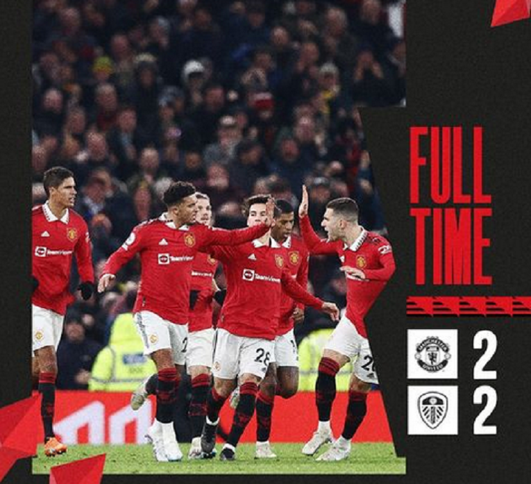 Hasil Manchester Unitedvs Leeds Liga Inggris tadi malam skor 2-2, gol Jadon Sancho selamatkan MU dari kekalahan.