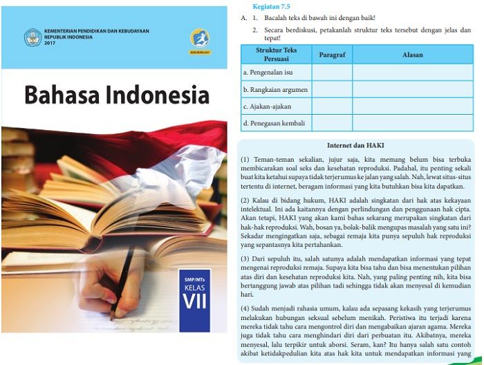 Kunci jawaban Bahasa Indonesia kelas 8 Semester 2 halaman 187 Kegiatan 7.5  menganalis struktur teks berjudul internet dan HAKI