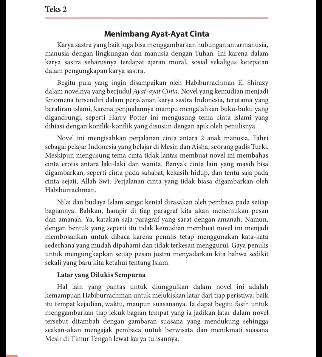 Kunci Jawaban Tugas Bahasa Indonesia Kelas 12 halaman 208, Sistematika Teks Menimbang Ayat-Ayat Cinta. *