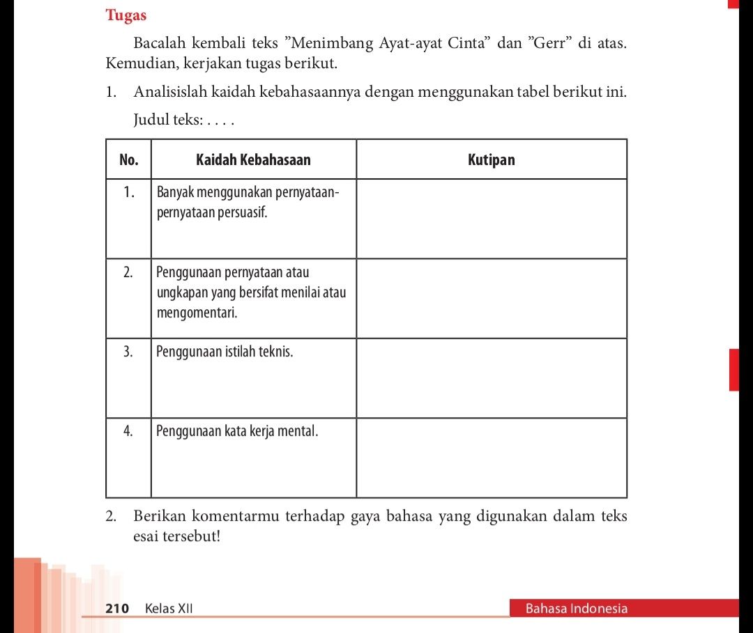 Kunci Jawaban Buku Paket Bahasa Indonesia Kelas 12 Halaman 210 Tugas ...