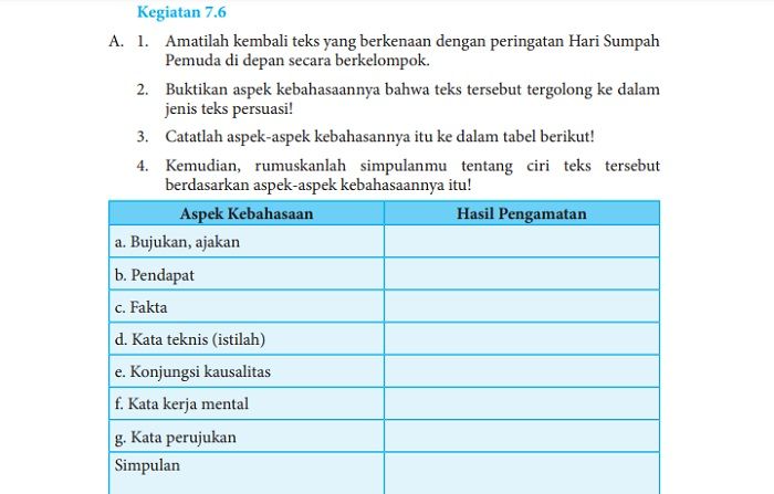 Soal dan jawaban Bahasa Indonesia kelas 8 halaman 190 Kegiatan 7.6