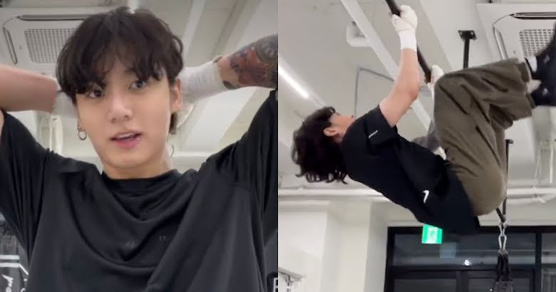 Jungkook BTS begitu bersemangat melahap porsi latihan tinju di gym.*  