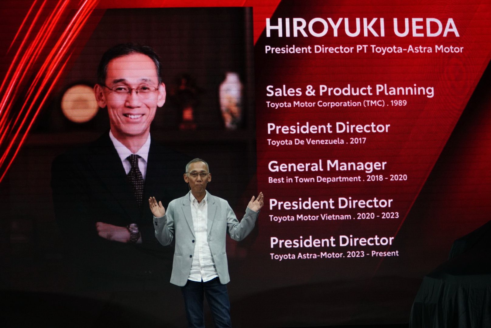 Presiden Direktur PT Toyota-Astra Motor (TAM) Hiroyuki Ueda yang efektif bekerja sejak 1 Februari di Indonesia diperkenalkan pada kesempatan World Premiere All-New Astra Toyota Agya dan Toyota Agya GR Sport, di Jakarta, Senin 13 Februari 2023./   