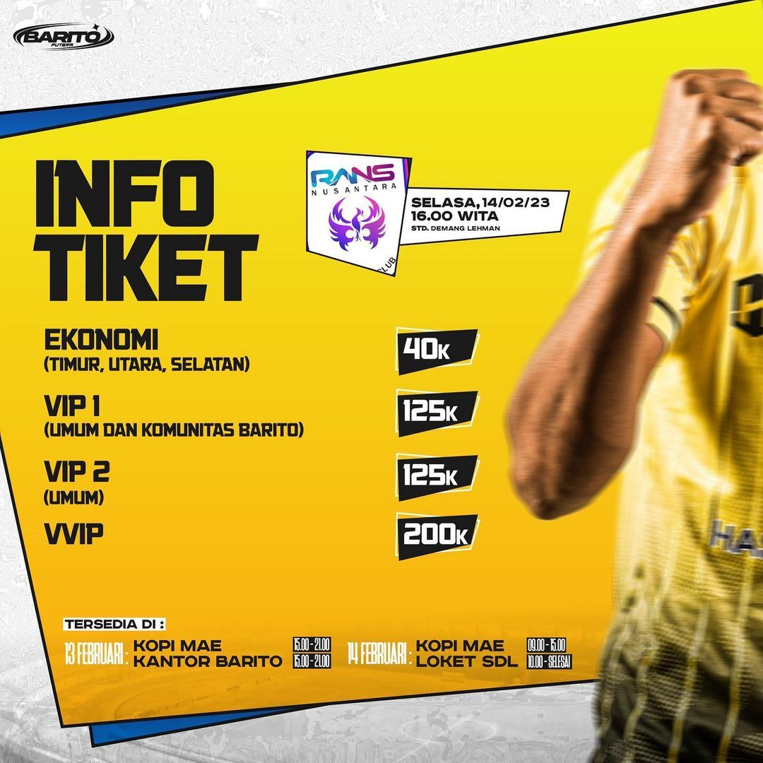 Info tiket pertandingan antara Barito Putera vs Rans Nusantara pada, Selasa 14 Februari 2023