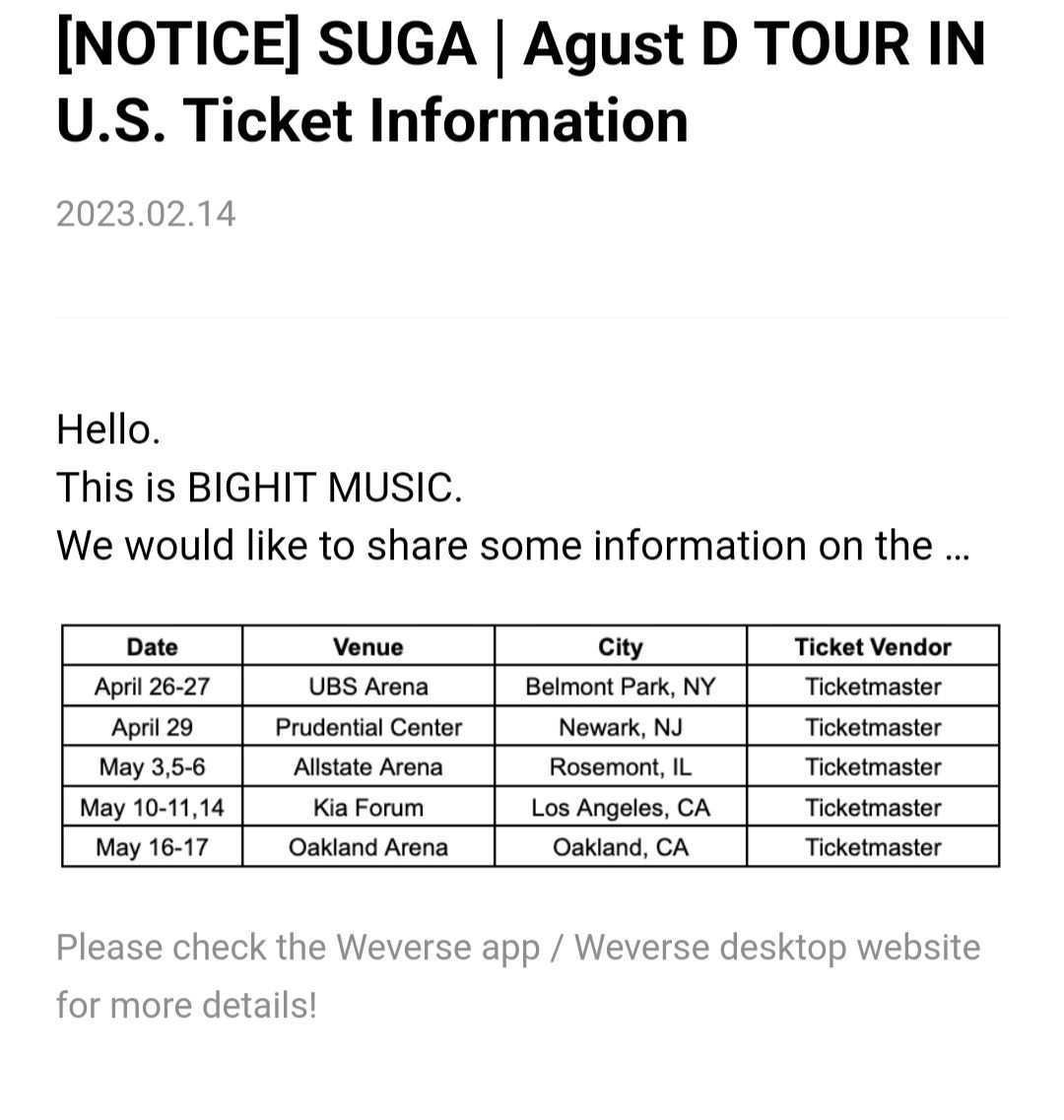 Informasi link beli tiket konser Suga BTS di Amerika Serikat pada April 2023.*