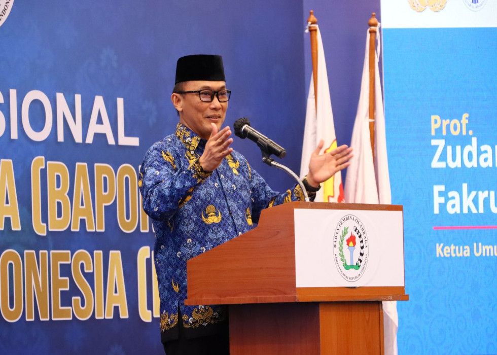 Ketum Korpri Nasional Prof Zudan Arif Fakrulloh memberikan pengarahan pada Munas Bapor Korpri IX di Jakarta, Rabu (15/2/2023).