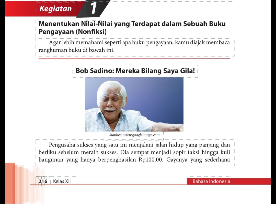Nilai yang Terkandung dalam Buku Pengayaan Bob Sadino, Bukti kalimat dan penjelasan, Kunci Jawaban Bahasa Indonesia kelas 12 halaman 220.*