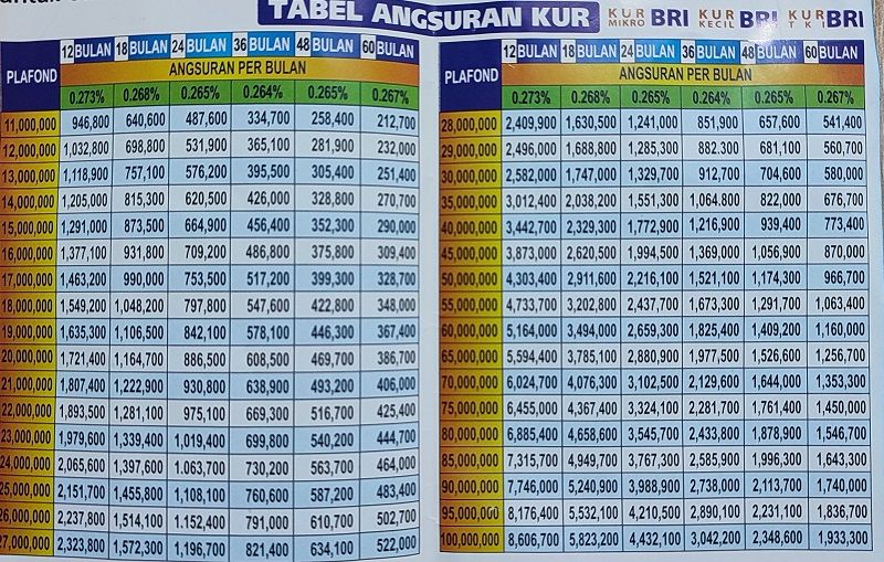 Tabel angsuran KUR BRI 2023 dilengkapi info syarat untuk dapat pinjaman Rp 100 juta tanpa jaminan dengan bunga 0,267 persen.