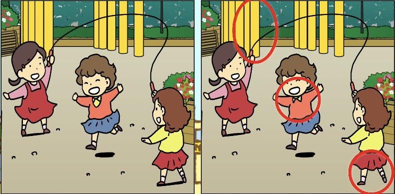 Jawaban tes IQ dalam menemukan perbedaan gambar anak yang bermain lompat tali.