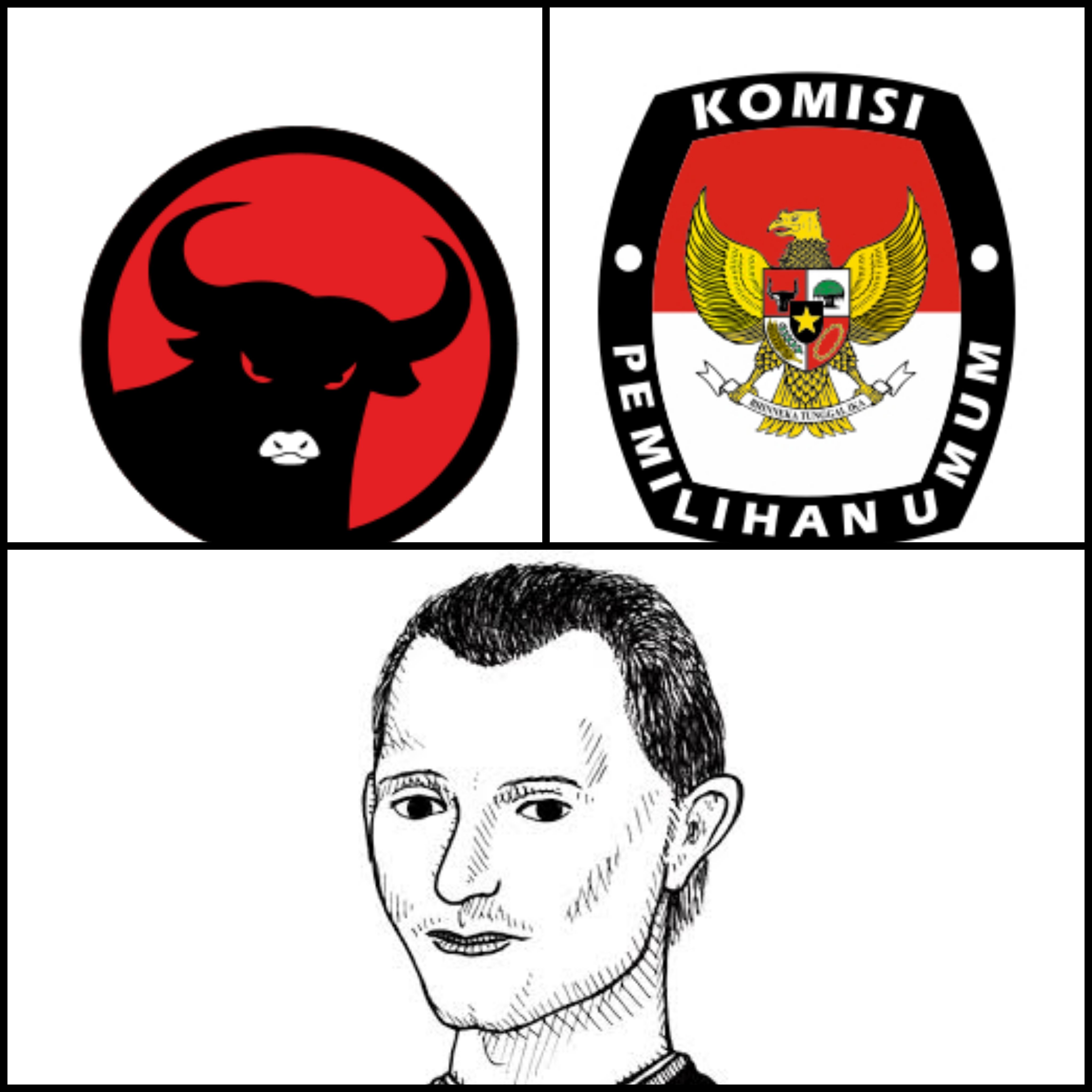 Ilustrasi kolase logo PDIP, KPU, dan gambar Niccolo Machiavelli