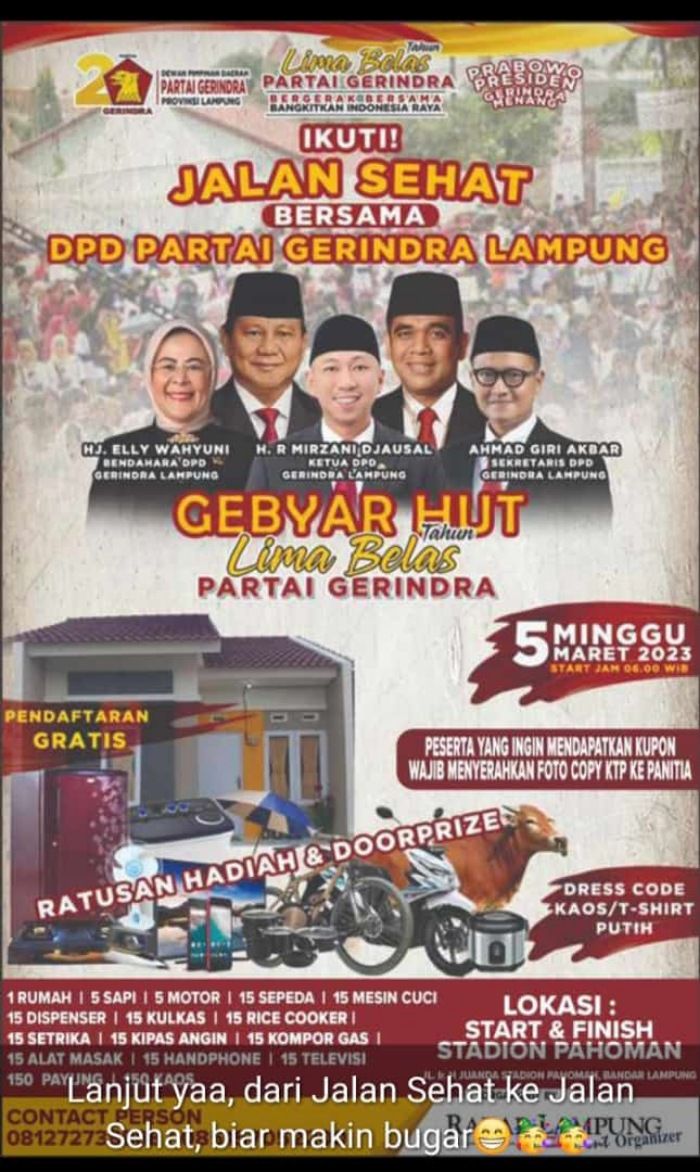 Gebyar Jalan Sehat DPD Gerindra Lampung. lay/gerindralampung