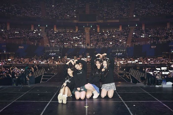 Personel Aespa, NingNing, Karina, dan Giselle (Dari kiri ke kanan) di Koser Musim Dingin, di Jamsil Indoor Arena, Seoul, Korea Selatan, 26 Februari 2023. 