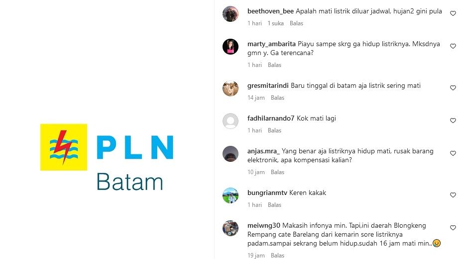 Netizen mempertanyakan terjadinya mati listrik berulang di Batam.