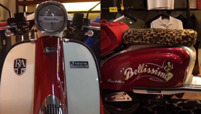 Tampilan bagian depan dan bodi samping dari skuter matik Royal Alloy TG 150. (Tangkapan layar YouTube/YRP Official)