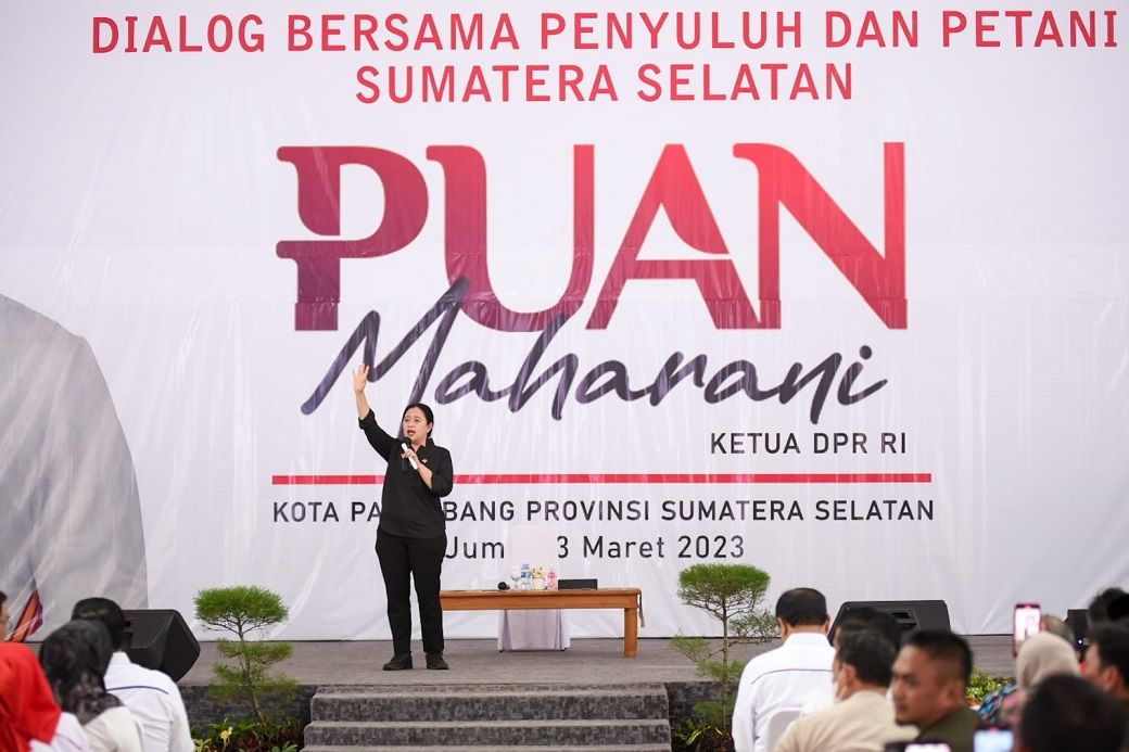 Dialog Ketua DPR RI bersama Kelompok Tani, Kelompok Wanita Tani, Penyuluh Pertanian dan Penyuluh Perikanan di Gedung Serbaguna PT Pusri Palembang, Jumat (3/3/2023). Foto: Istimewa