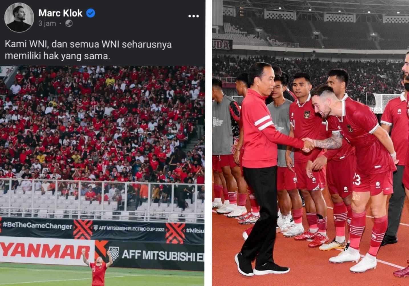Unggahan status pemain naturalisasi PSSI, Marck Klok (kiri), dan fotonya saat bersalaman dengan Presiden Joko Widodo sebelum pertandingan Timnas Indonesia.*