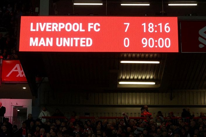 Tampilan umum papan skor. Sepak Bola - Liga Premier - Liverpool v Manchester United - Anfield, Liverpool, Inggris - 5 Maret 2023. 