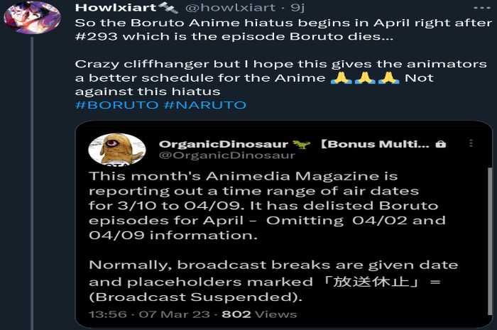 Cuitan akun Twitter @OrganicDinosaur mengenai rumor hiatusnya anime Boruto, yang juga dibagikan oleh @howlxiart. /Tangkapan layar Twitter/