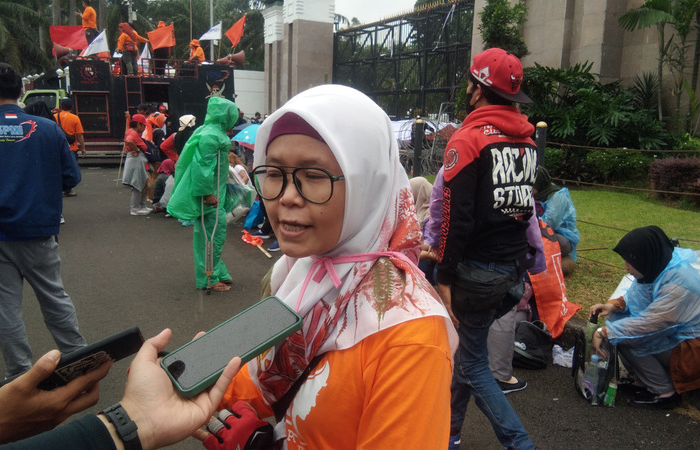 Deputi Bidang Perempuan Partai Buruh, Jumisih saat ditemui oleh Tim Pembrita Bogor dalam aksi buruh sambut Hari Perempuan Sedunia pada 8 Maret 2023.