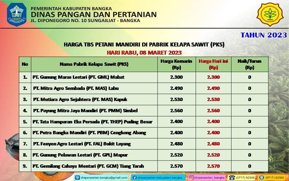 Berikut harga TBS kelapa sawit Kabupaten Bangka di pabrik kelapa sawit Rabu 8 Maret 2023
