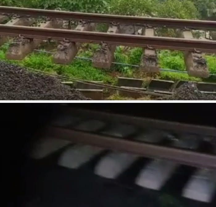 Jalur lintasan kereta jurusan Bogor Sukabumi, posisinya menggantung setelah tanah penahan di bawahnya longsor sepanjang kurang lebih 15 meter.