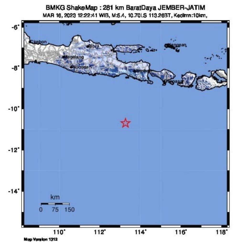 Pusat gempa yang mengguncang Jember Jawa Timur pada hari ini, Kamis 16 Maret 2023 dengan magnitudo 5,4.