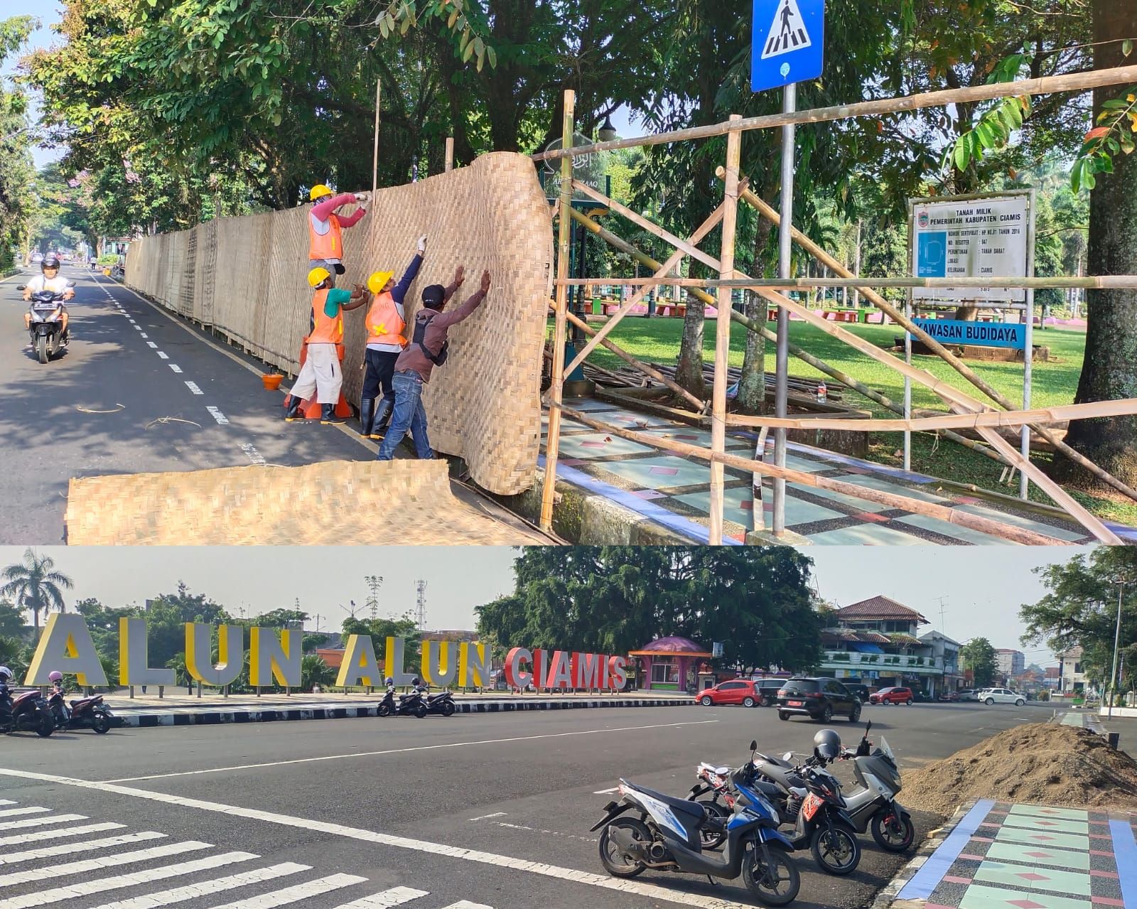 Beberapa pekerja sedang memasang bilik sebagai penghalang dalam proyek revitalisasi Alun alun Ciamis dan Taman Raflesia Kamis, 16 Maret 2023./Deskjabar/Dindin Hidayat