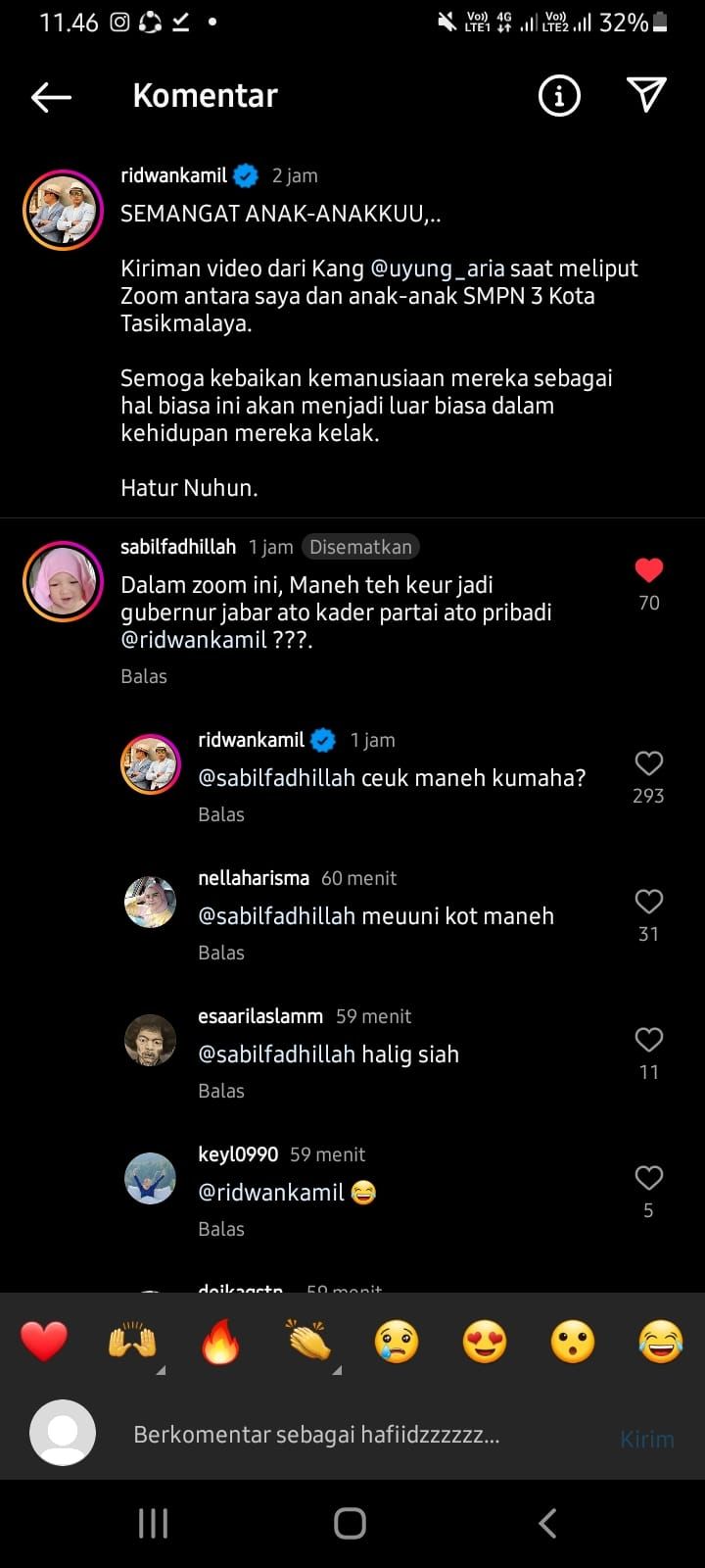 Komentar di akun Instagram Gubernur Jawa Barat Ridwan Kamil.