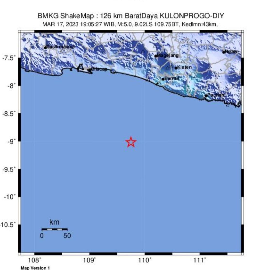 Pusat gempa yang mengguncang wilayah Kulon Progo  DI Yogyakarta dan sekitarnya pada hari ini, Jumat 17 Maret 2023 memiliki magnitudo update M5,0.