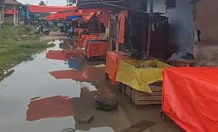 Sejumlah kios pedagang ikan dan kios pedagang ayam tampak terendam banjir dari luapan sungai Batanghari.