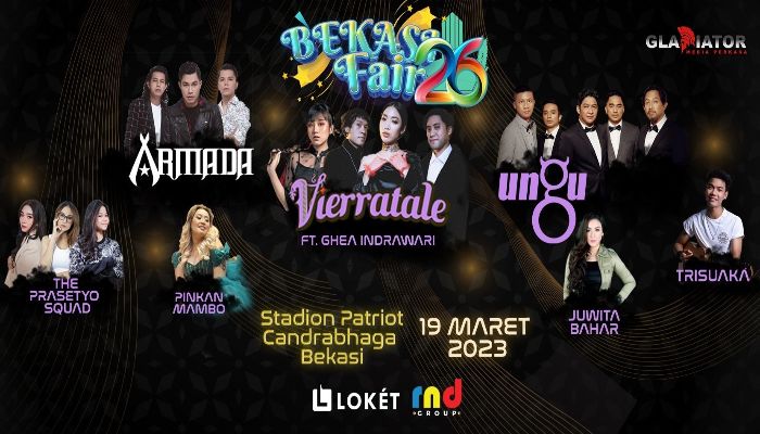 Poster resmi acara 'Konser Keren Bekasi Fair' yang akan berlangsung di Stadion Patriot Candrabhaga pada 19 Maret 2023. /loket.com