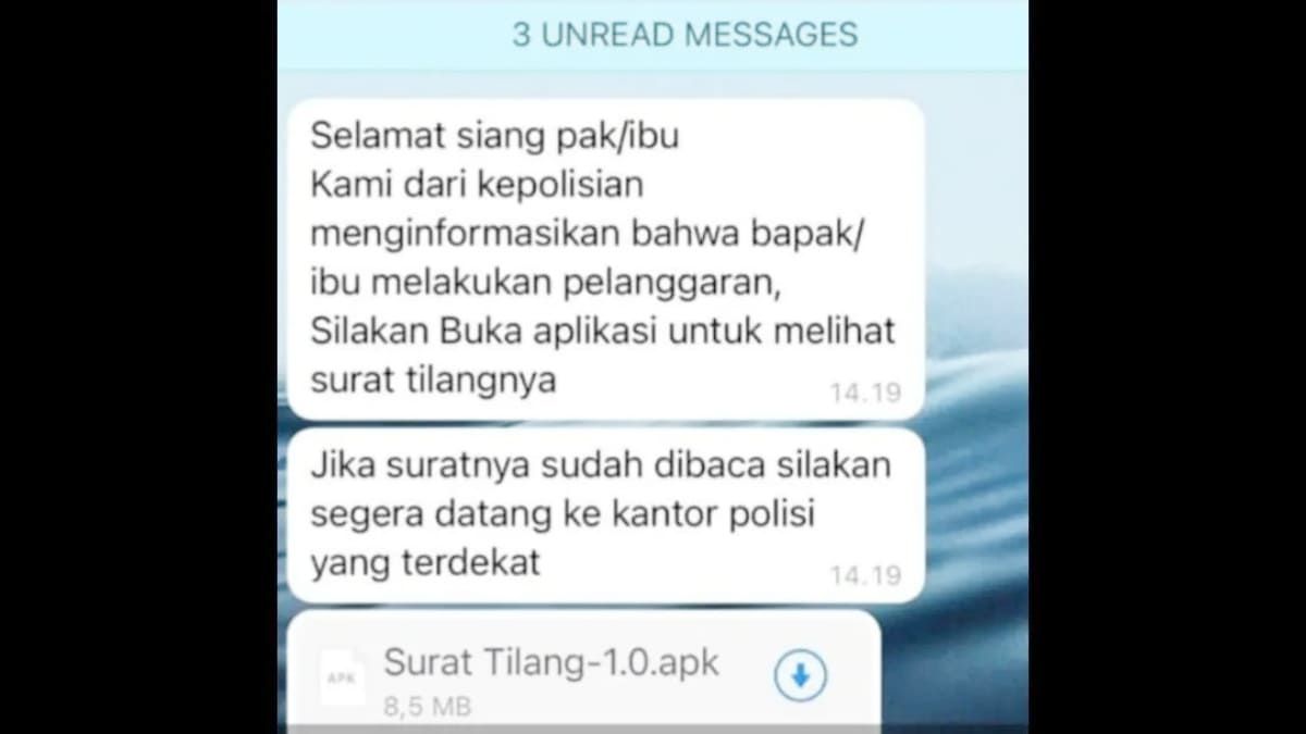 Pesan Whatsapp Pelaku yang mengirimkan File Aplikasi Surat Tilang Viral kepada korbannya di Banyuwangi