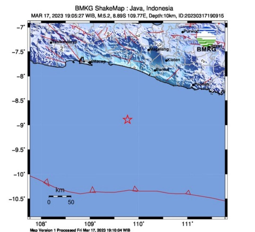 Pusat gempa magnitudo 5,2 yang mengguncang Kulon Progo DI Yogyakarta hari ini, Jumat 17 Maret 2023.