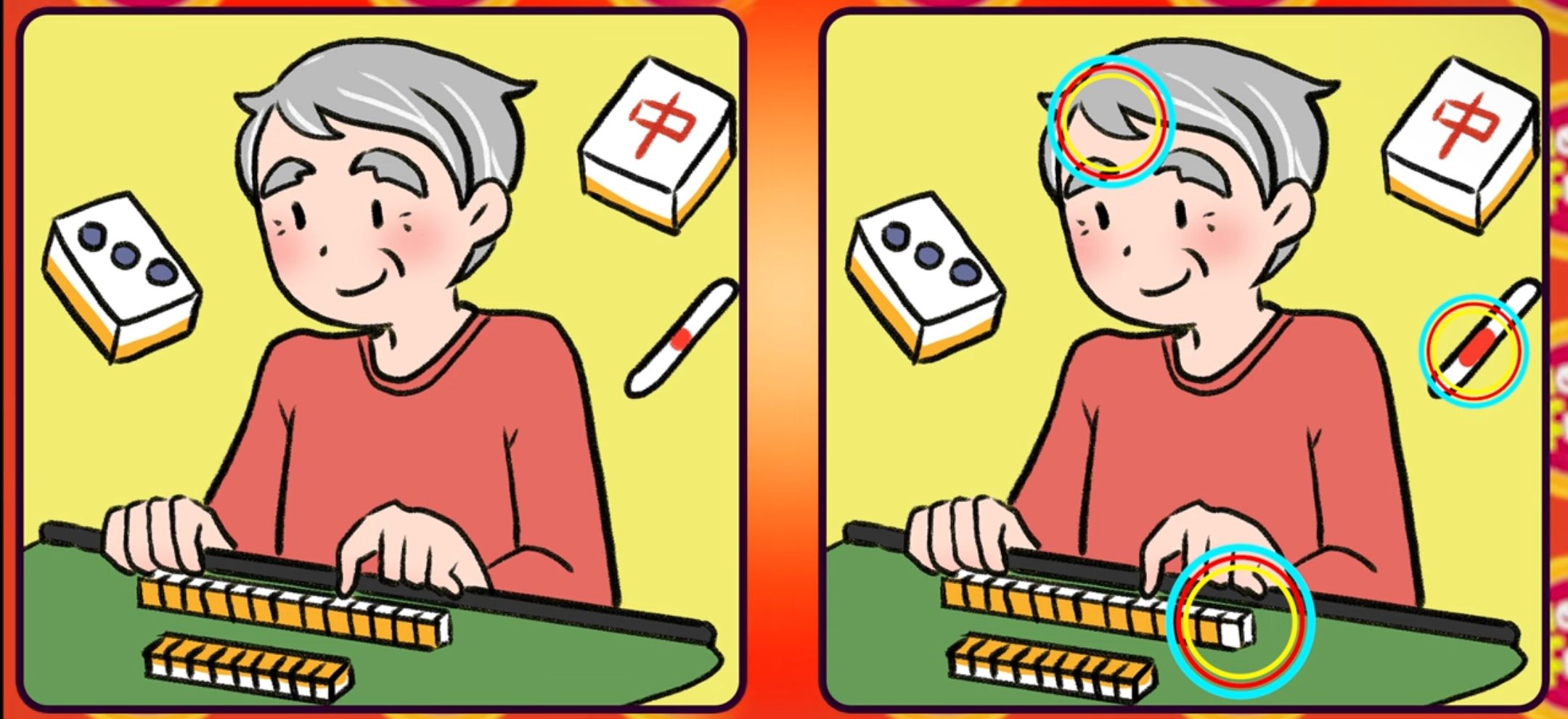Jawaban tes IQ dalam menemukan perbedaan gambar kakek yang bermain Mahjong.
