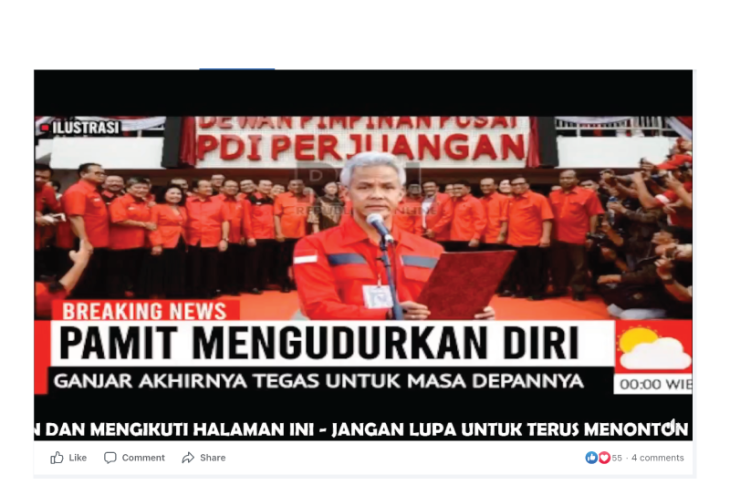 HOAKS - Beredar unggahan yang menyebut jika Gubernur Jawa Tengah, Ganjar Pranowo mengundurkan diri atau keluar dari PDIP.*