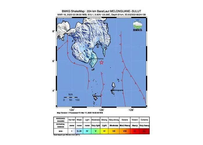 Sulawesi Utara, Sabtu 18 Maret 2023 dini hari WIB kembali digoncang gempa.  Peta guncangan gempa berkekuatan magnitudo 5,1 yang melanda Melonguane. /BMKG