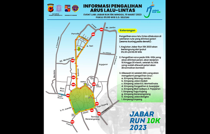 Rute pengalihan arus lalu lintas Kota Bogor saat event lari Jabar Run 10K digelar Minggu 19 Maret 2023.