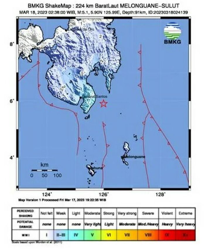   Peta gempa bumi berkekuatan 5,1 magnitudo kembali guncang melonguane, Sulawesi Utara pada Sabtu, 18 Maret 2023.