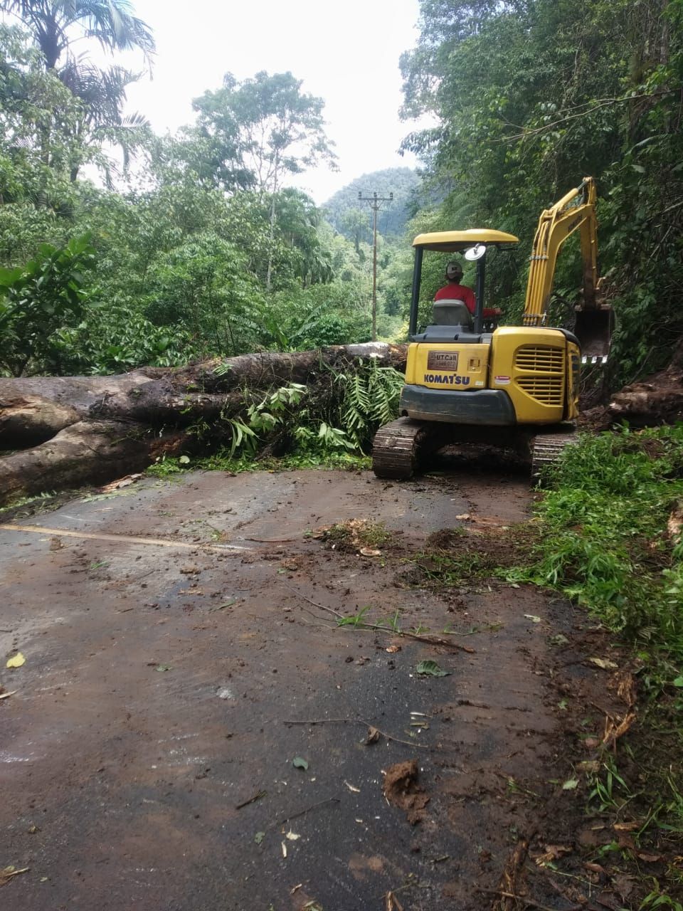 Exavator Komatsu PC 45 milik PUPR Boltim sedang membersihkan jalan Atoga dari tanah longsor dan pohon tumbang
