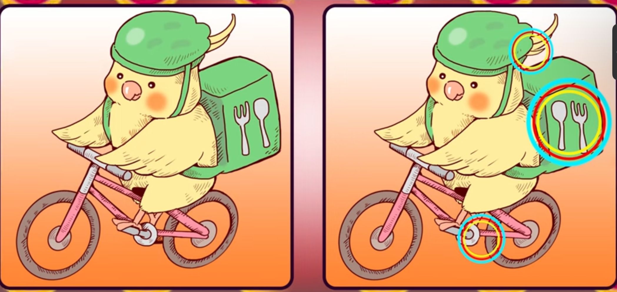Jawaban tes IQ dalam menemukan perbedaan gambar burung yang bersepeda. 