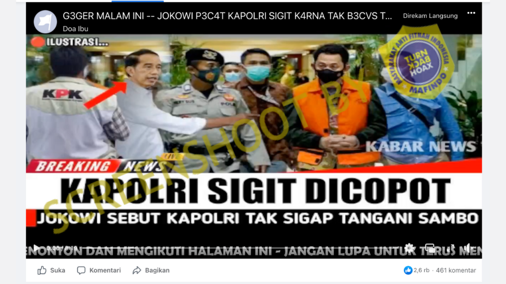 HOAKS - Beredar sebuah video di Facebook yang menyebut jika Presiden Joko Widodo (Jokowi) memecat Kapolri Listyo Sigit dari jabatannya.*