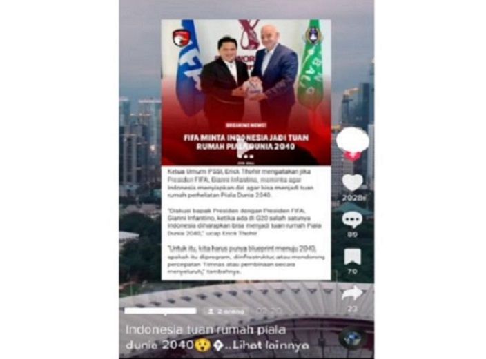 Tangkapan layar narasi hoaks yang menyatakan Indonesia ditunjuk FIFA jadi tuan rumah Piala Dunia 2040. 
