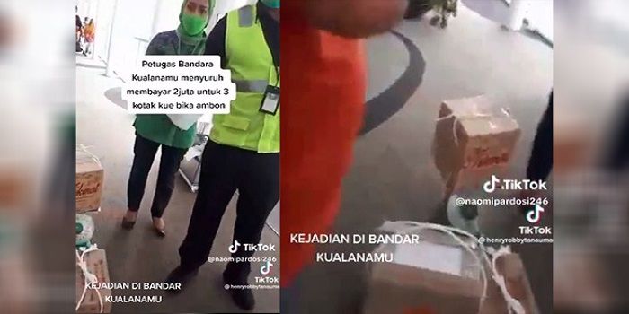 Seorang penumpang pesawat cekcok dengan petugas Bandara Kualanamu karena kedapatan membawa tiga dus bika ambon dan diminta membayar denda Rp2 juta. (Dok. TikTok)