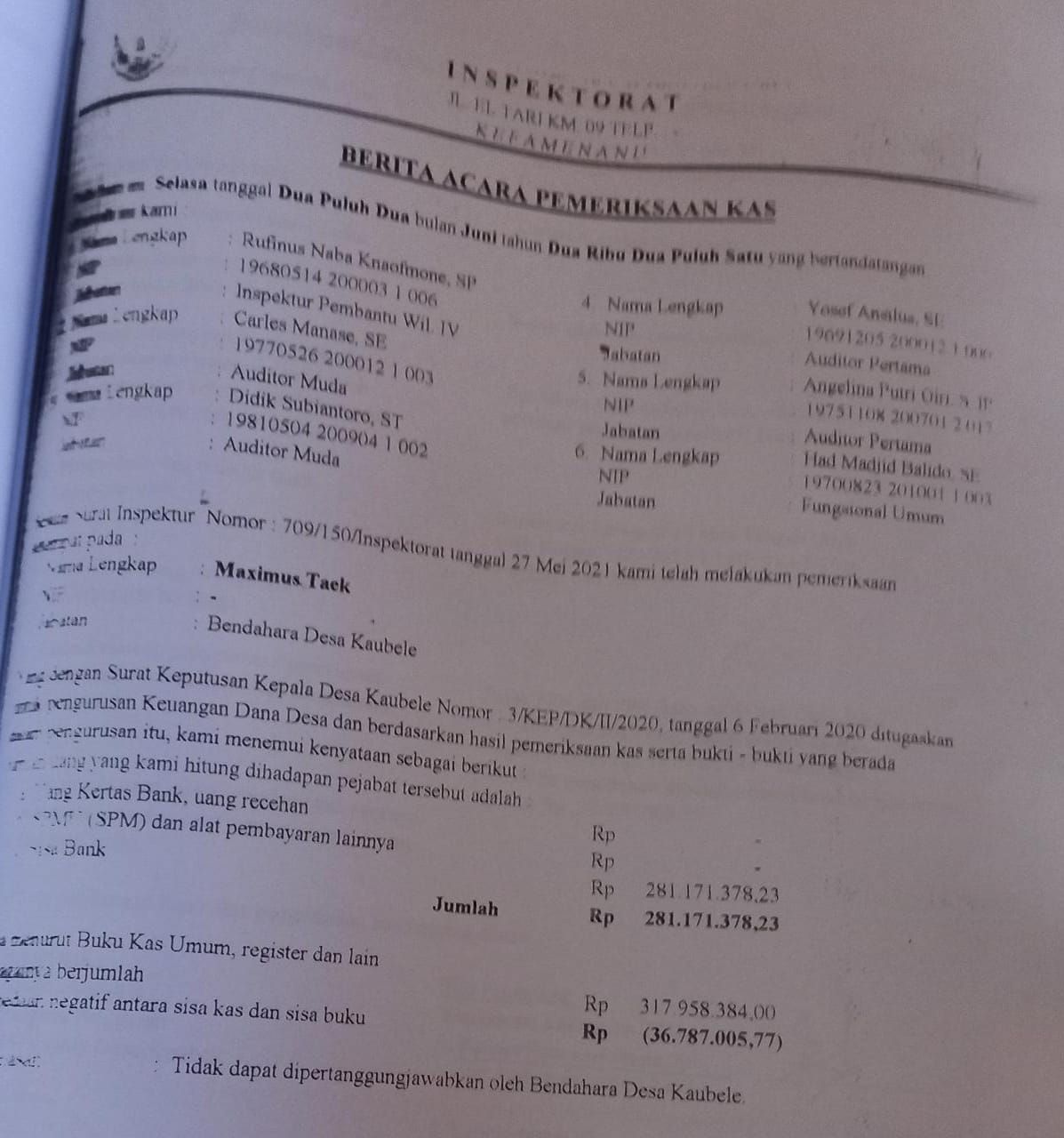 Berita Acara Pemeriksaan oleh Inspektorat TTU.(Dok)
