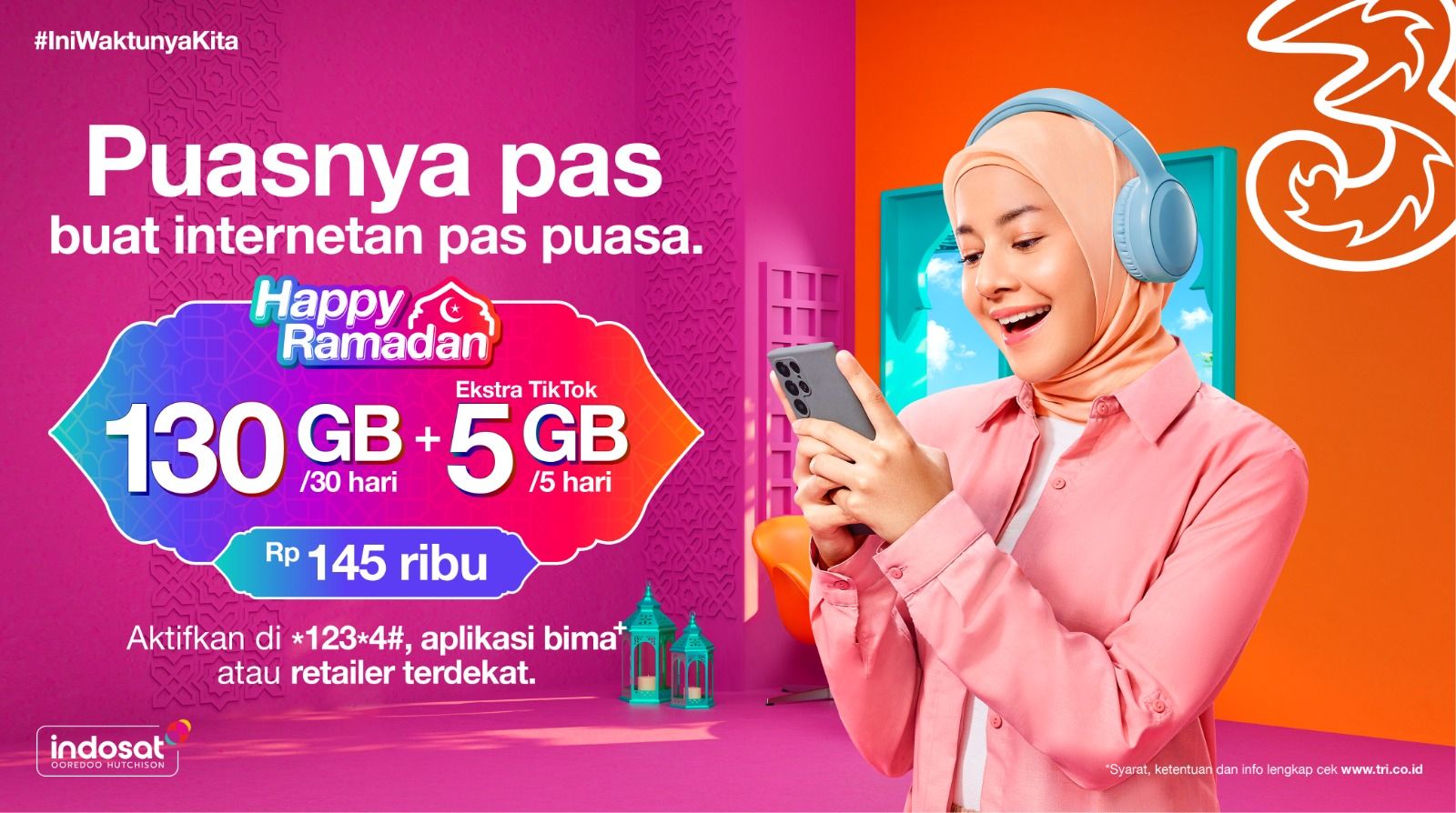 Tri memberikan rangkaian produk Ramadan Happy untuk kebutuhan digital pelanggan dengan variasi paket data lebih besar dan harga yang jauh lebih hemat yaitu Happy 130GB untuk 30 hari seharga Rp145.000 plus ekstra TikTok 5GB selama 5 hari.  Selain rangkaian produk Ramadan, Tri turut mengajak pelanggan