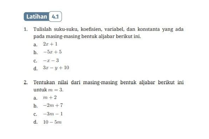Kunci Jawaban Matematika kelas 7 halaman 132 dan 133 dalam Latihan 4.1 Bentuk Aljabar pada Bab 4 Kurikulum Merdeka.