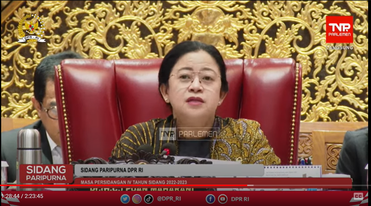 Puan Maharani dalam rapat paripurna ke-19 masa sidang IV tahun sidang 2022-2023.