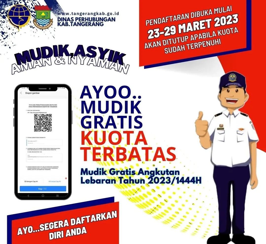 Link Pendaftaran Mudik Gratis 2023 Kabupaten Tangerang Dibuka Hari ini Kamis 23 Maret 2023 Pukul 08.00 WIB.