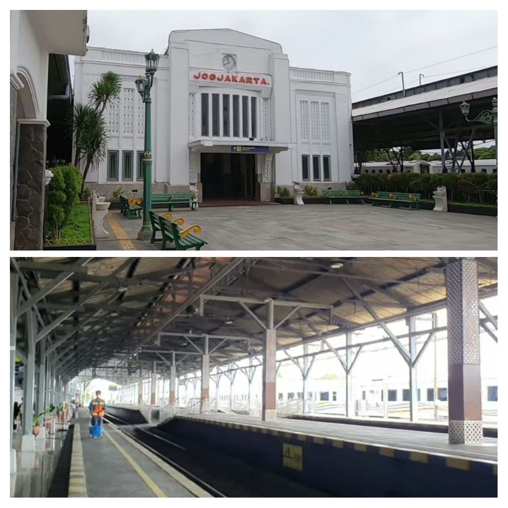 Stasiun Tugu (atas) dan suasana di Stasiun Lempuyangan. 