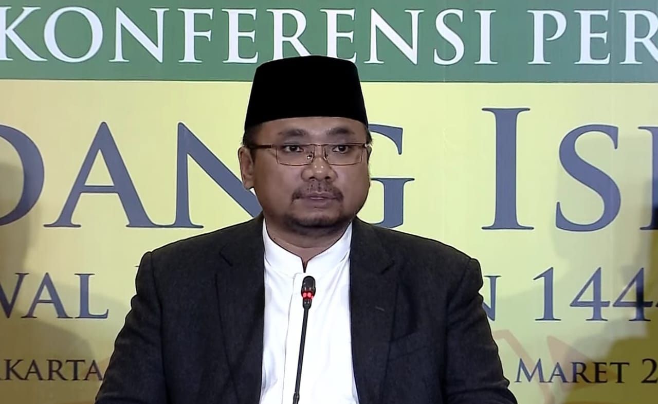 Menteri Agama (Menag) Yaqut Cholil Qoumas saat melaksanakan konferensi Pers penetapan  1 Ramadan 1444 Hijriah.